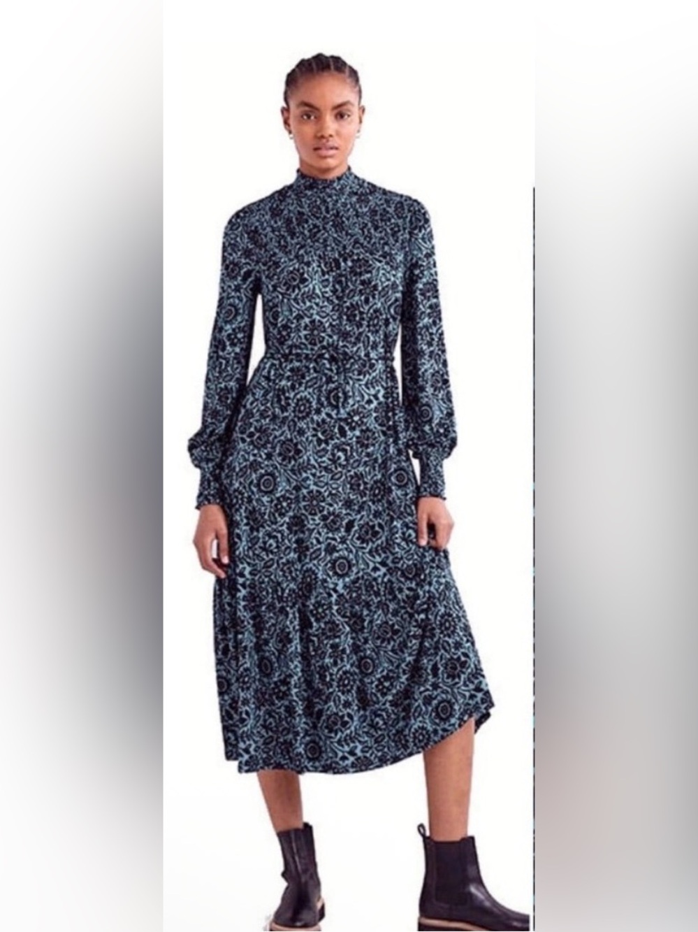 Boden Smocked High Neck Long Sleeve Midi Dress Size 10P